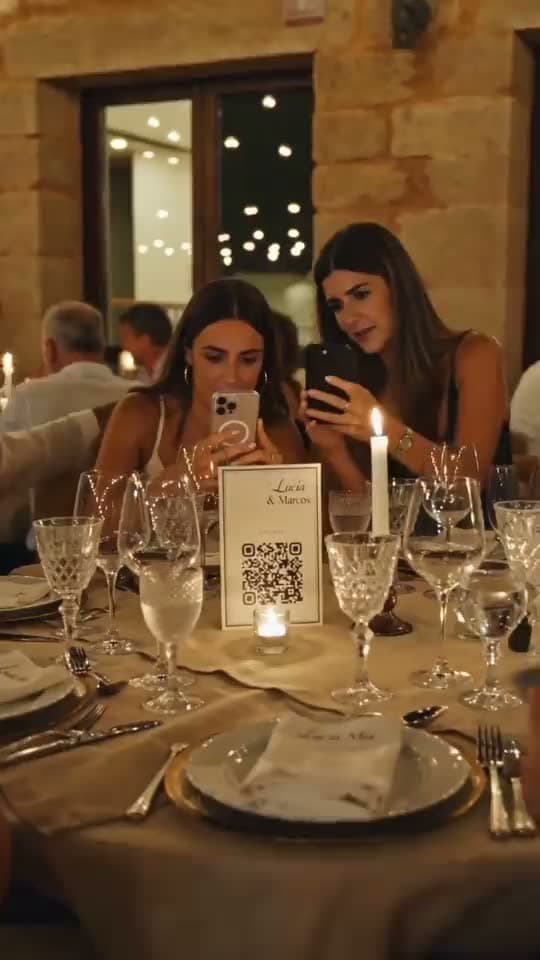 Invitadas escaneando con el móvil la tarjeta QR de la mesa