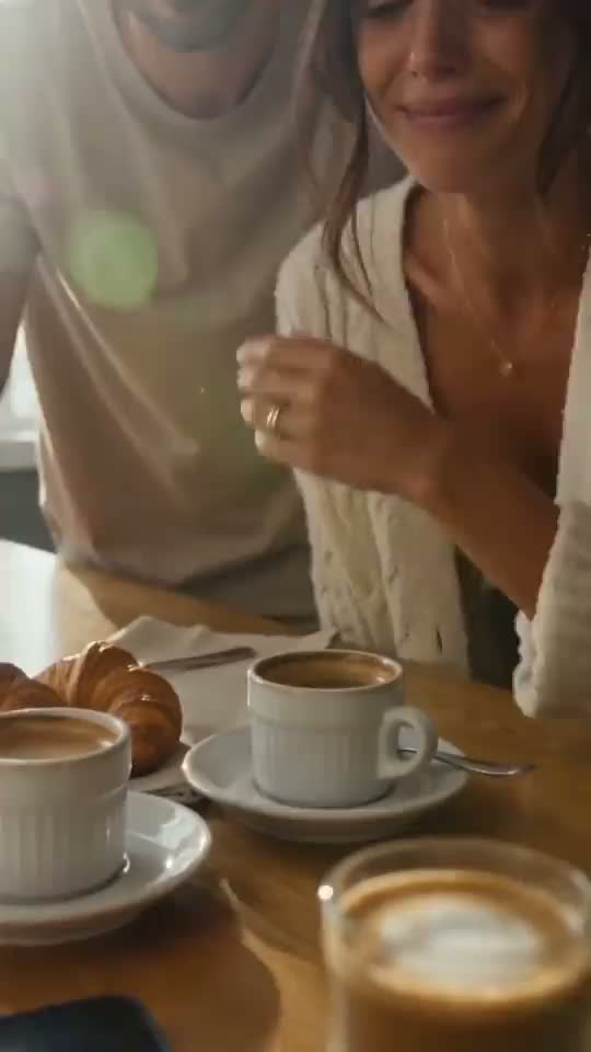 Pareja desayunando la mañana siguiente, emocionada mirando el álbum en el móvil